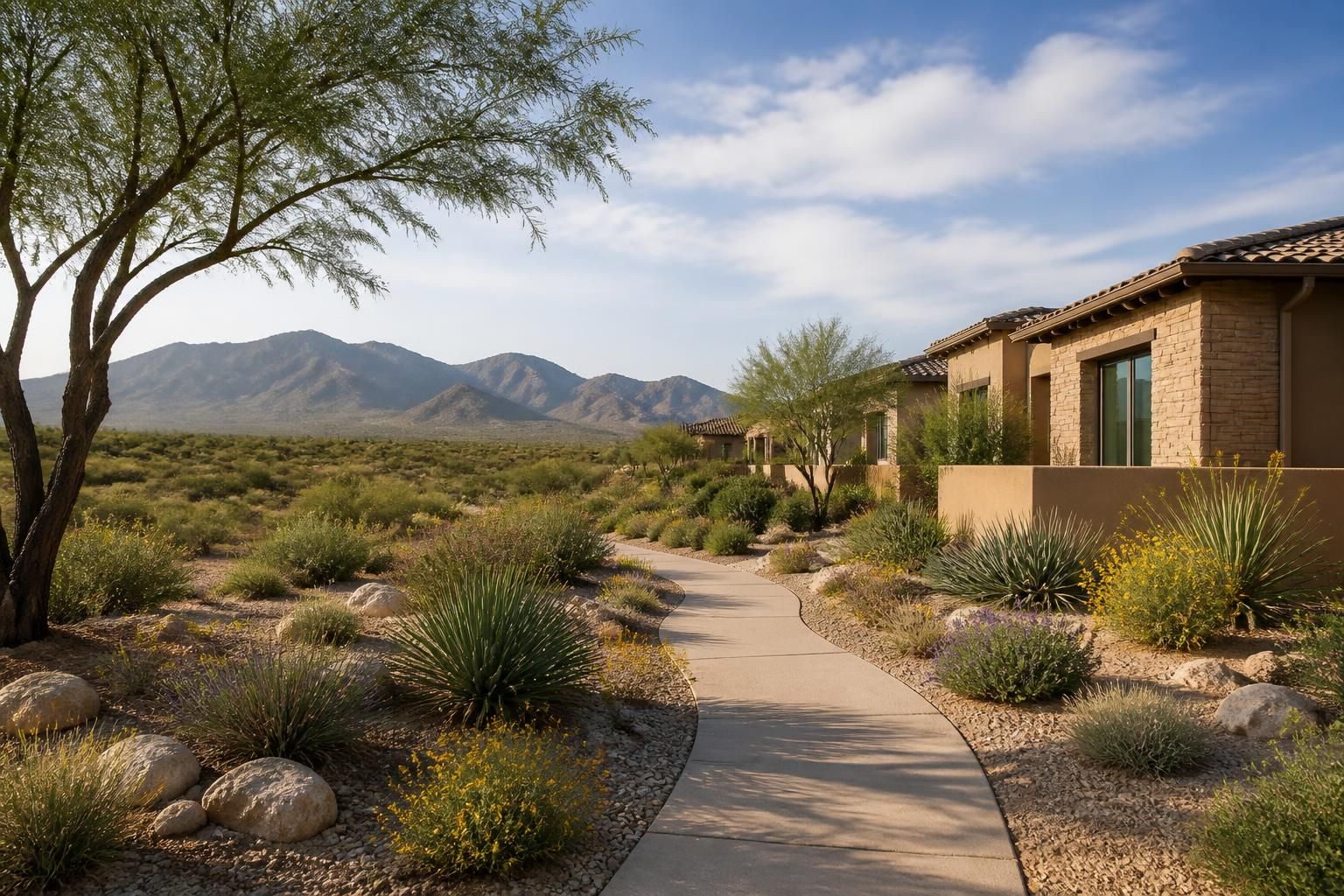 Desert-edge neighborhood with native plants and clean landscaping in New River