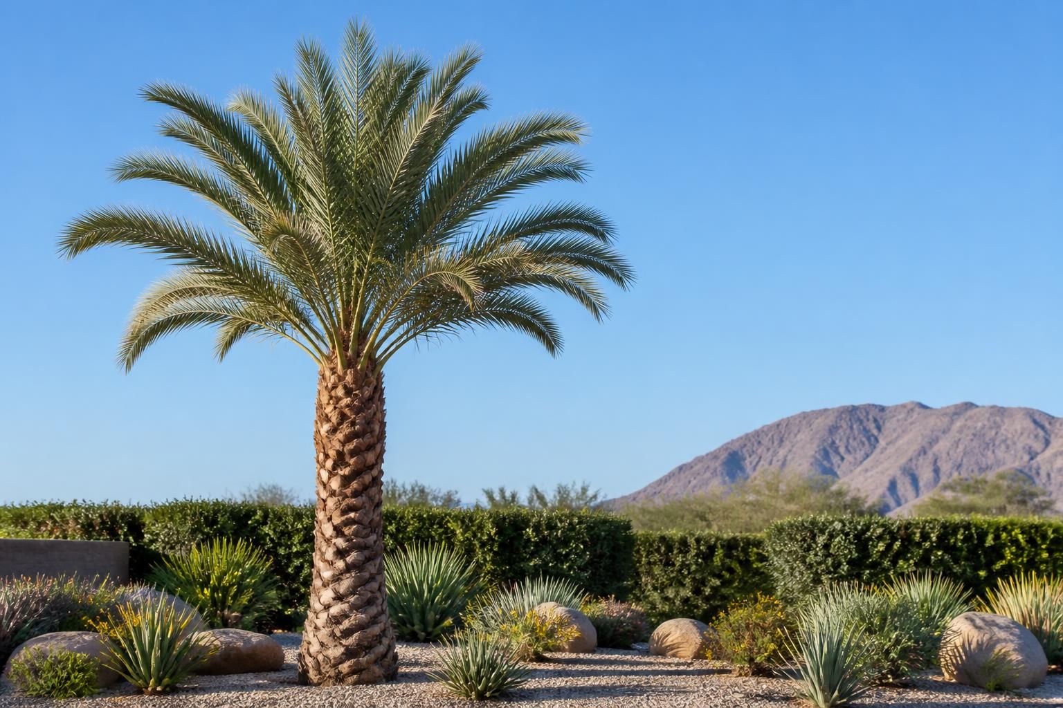 Neatly trimmed palm tree in a finished desert landscape