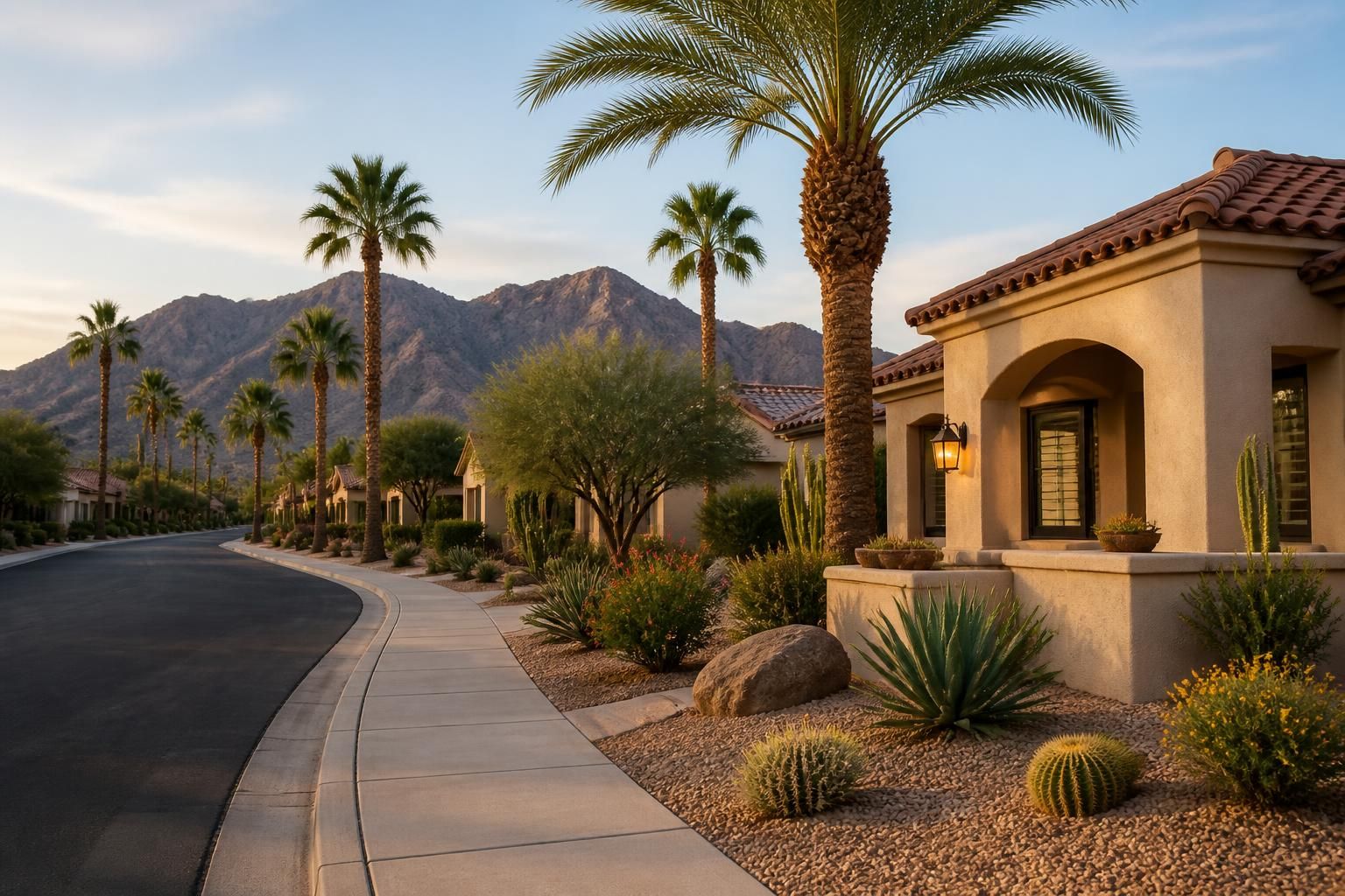 Desert neighborhood with palms and clean sidewalks in Phoenix