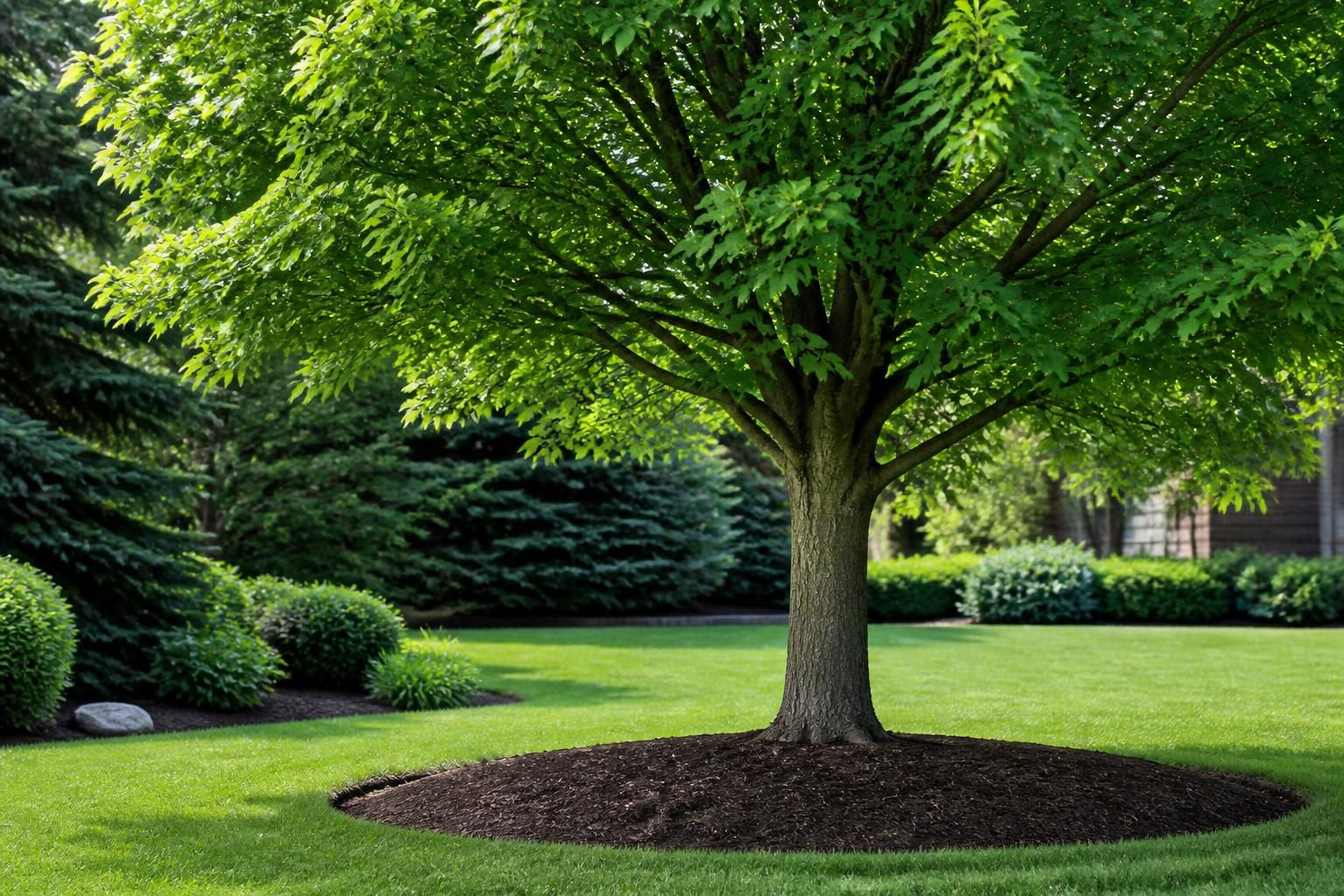 Healthy tree foliage in a clean landscaped yard after treatment