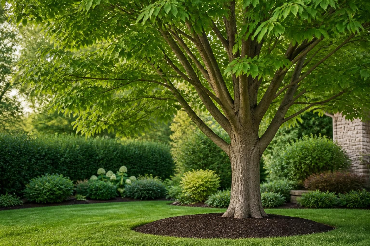 Healthy tree canopy and trunk in a finished landscape