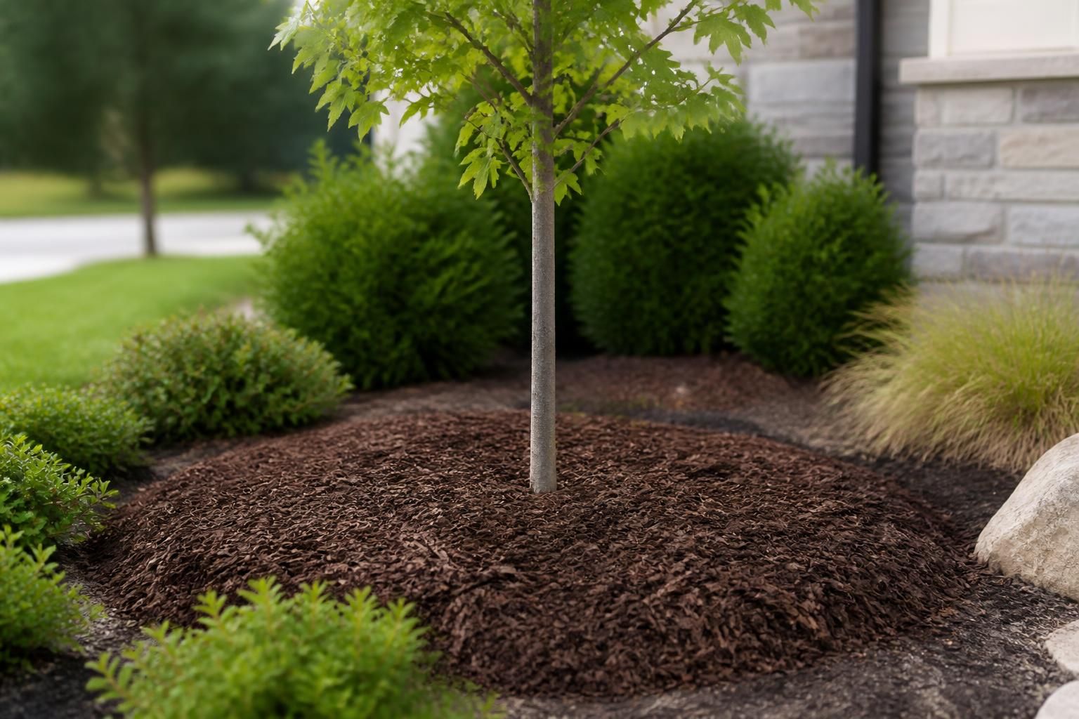 Newly planted young tree with fresh mulch in a landscape bed